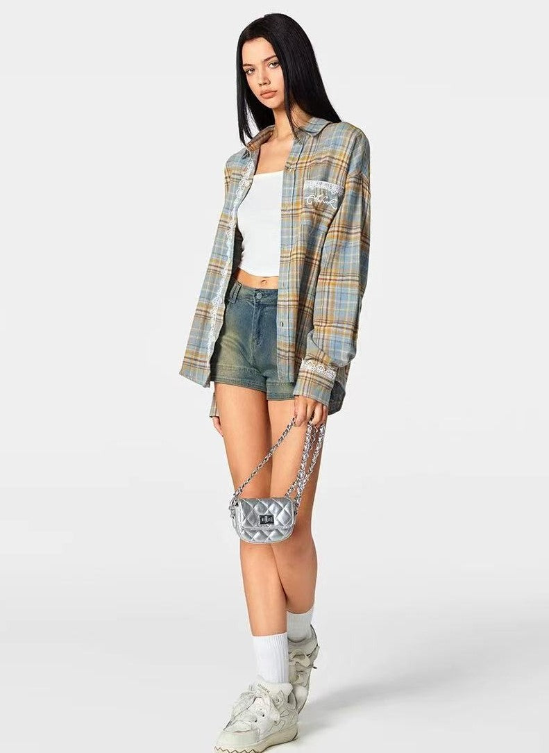 ACHOCK Retro Plaid Lace Splicing Long-sleeve Shirt