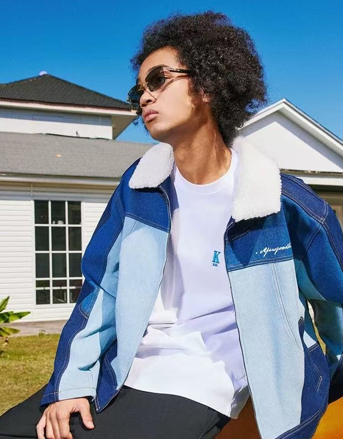 AFGK Spliced Fur Collar Denim Letter Embroidery Jacket