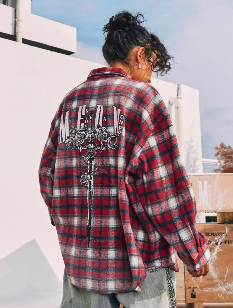MEDM Washed Distressed Rose and Sword Plaid Long-sleeve Shirt