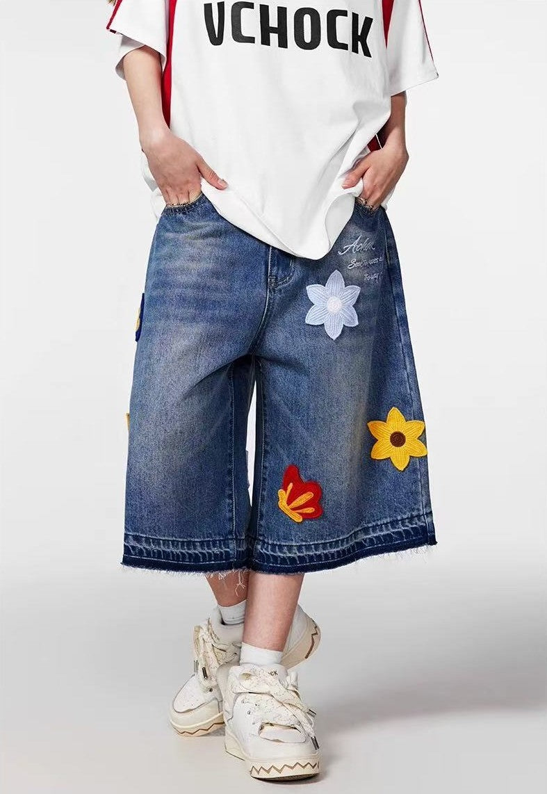 ACHOCK Petal Embroidered Denim Shorts