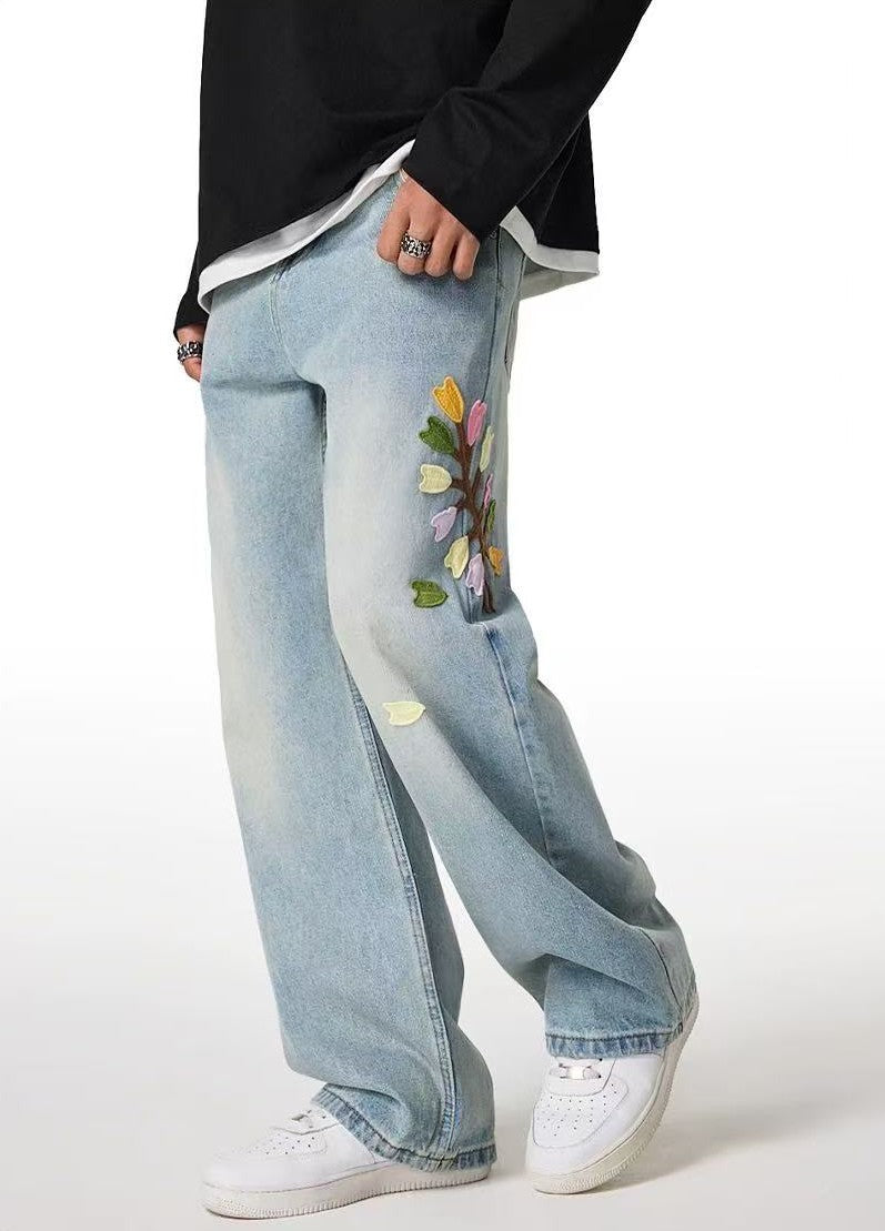 ACHOCK Floral Embroidered Heavy Duty Jeans