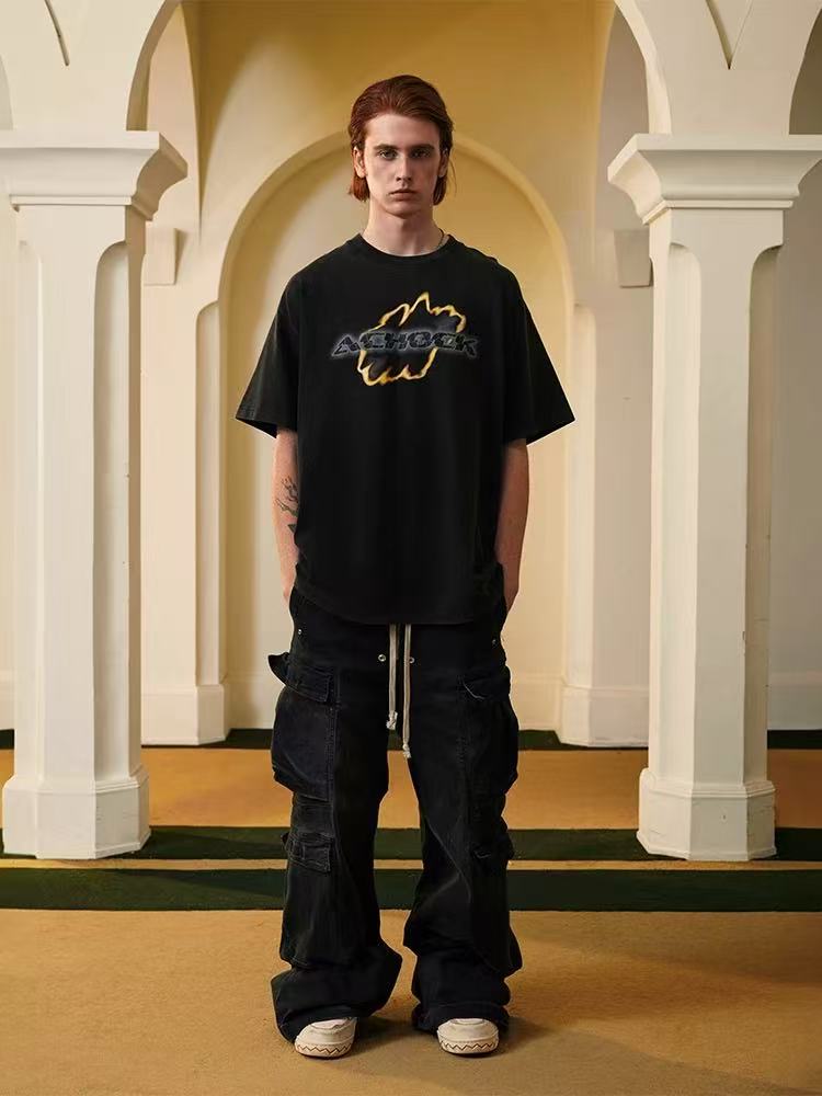 ACHOCK Washed Distressed Flame Print T-shirts