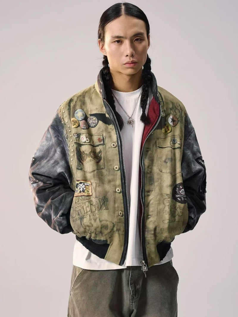 REMEDY Washed Printed Patchwork Bomber Jacket