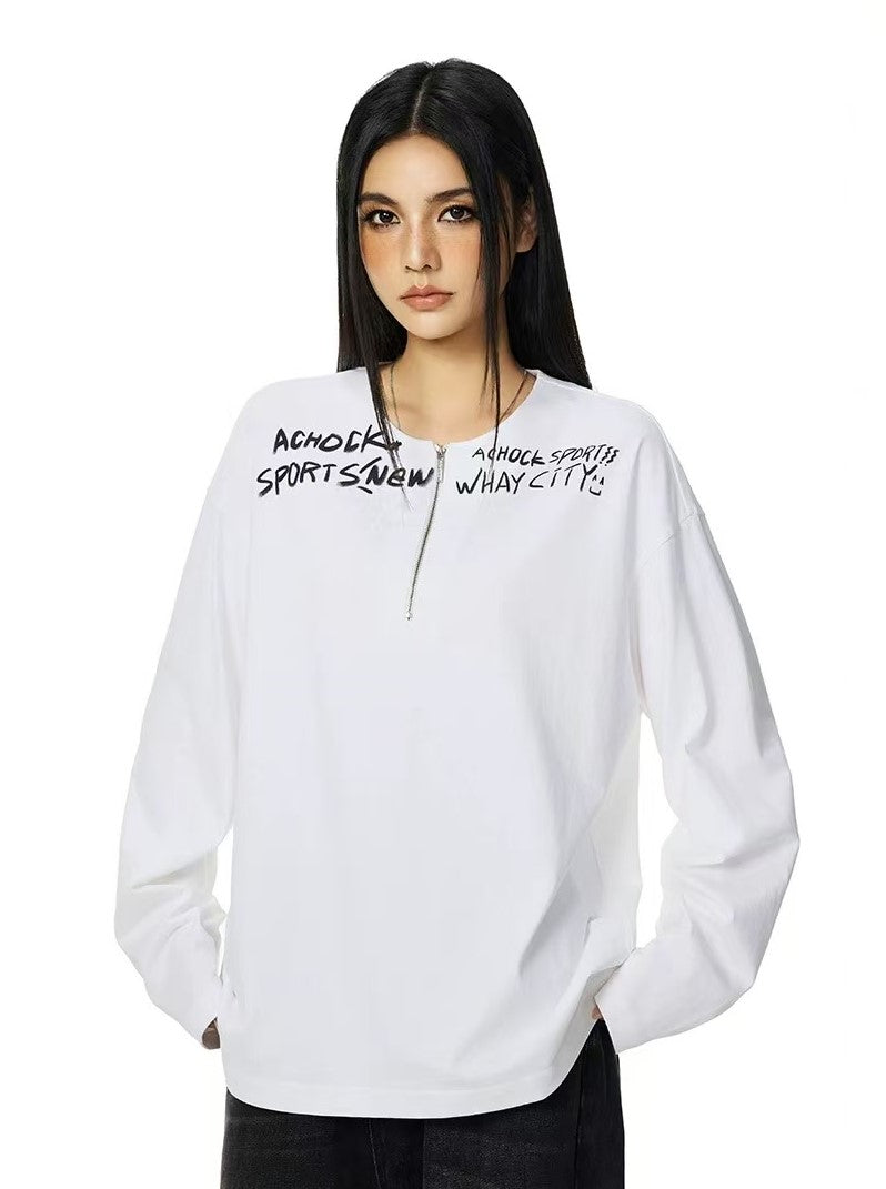 ACHOCK Henley Collar Monogram Half-zip Long-sleeved T-shirt