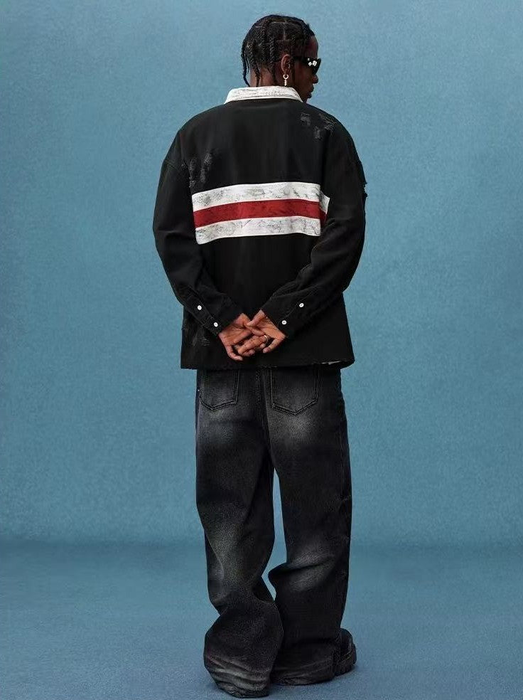 MEDM Contrast Color Striped Polo Long-sleeve T-shirt