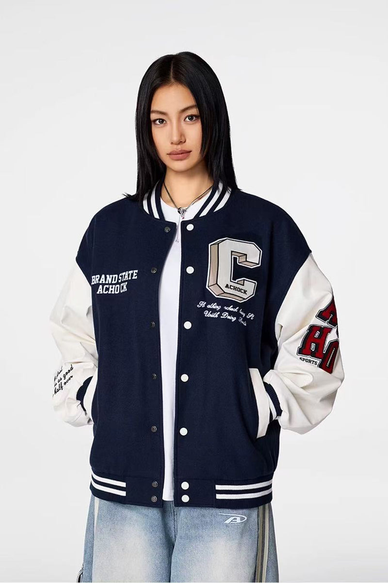 ACHOCK Vintage Embroidery Varsity Jacket