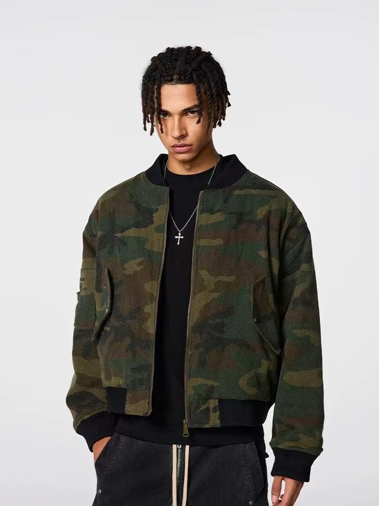 ACHOCK Washed Distressed Camouflage Cotton Bomber Jacket
