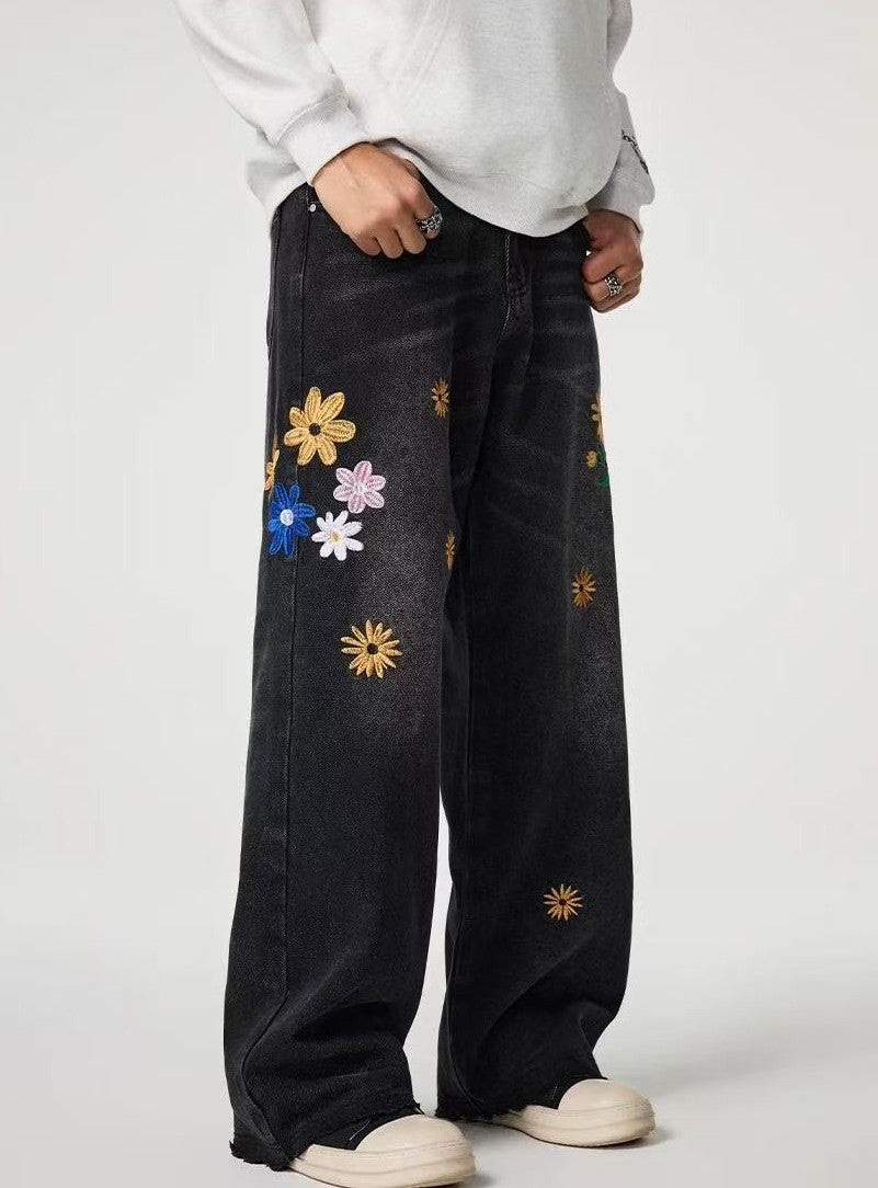 ACHOCK Heavy Wash Floral Embroidered Jeans