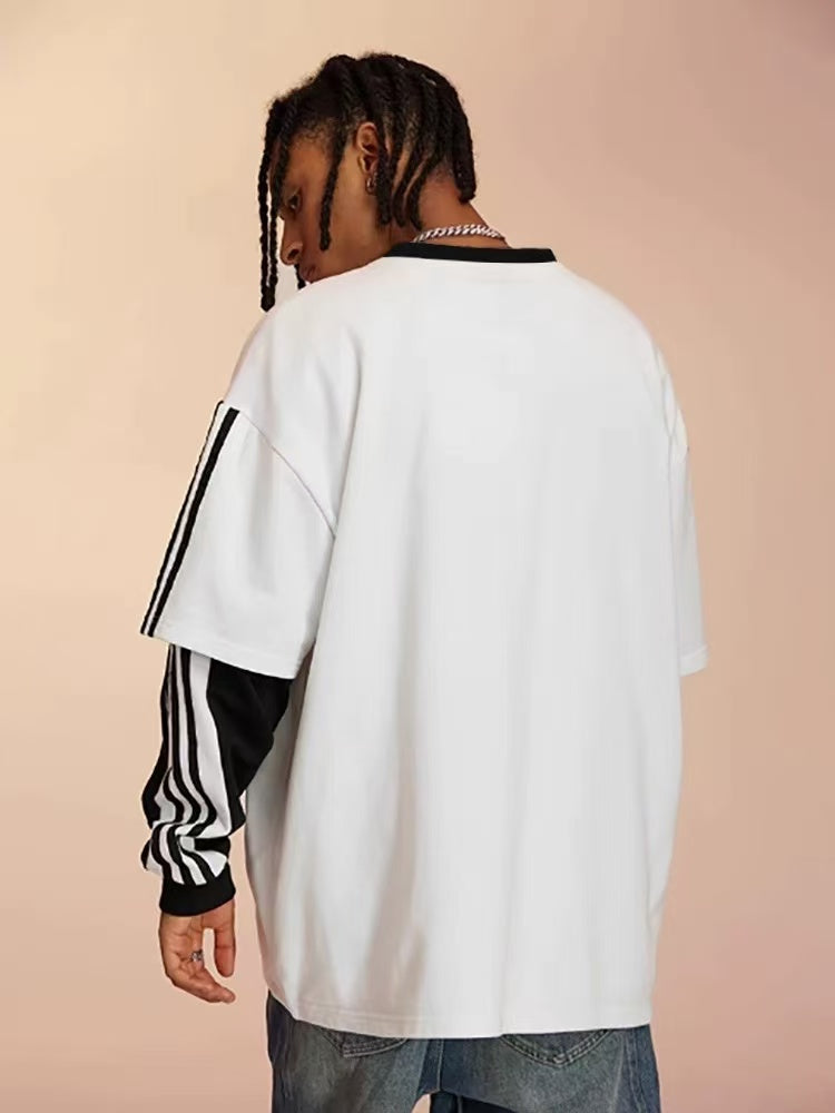 ICONSLAB Striped Webbing Fake Two-piece loose Pullover Crew Neck Sweatshirt