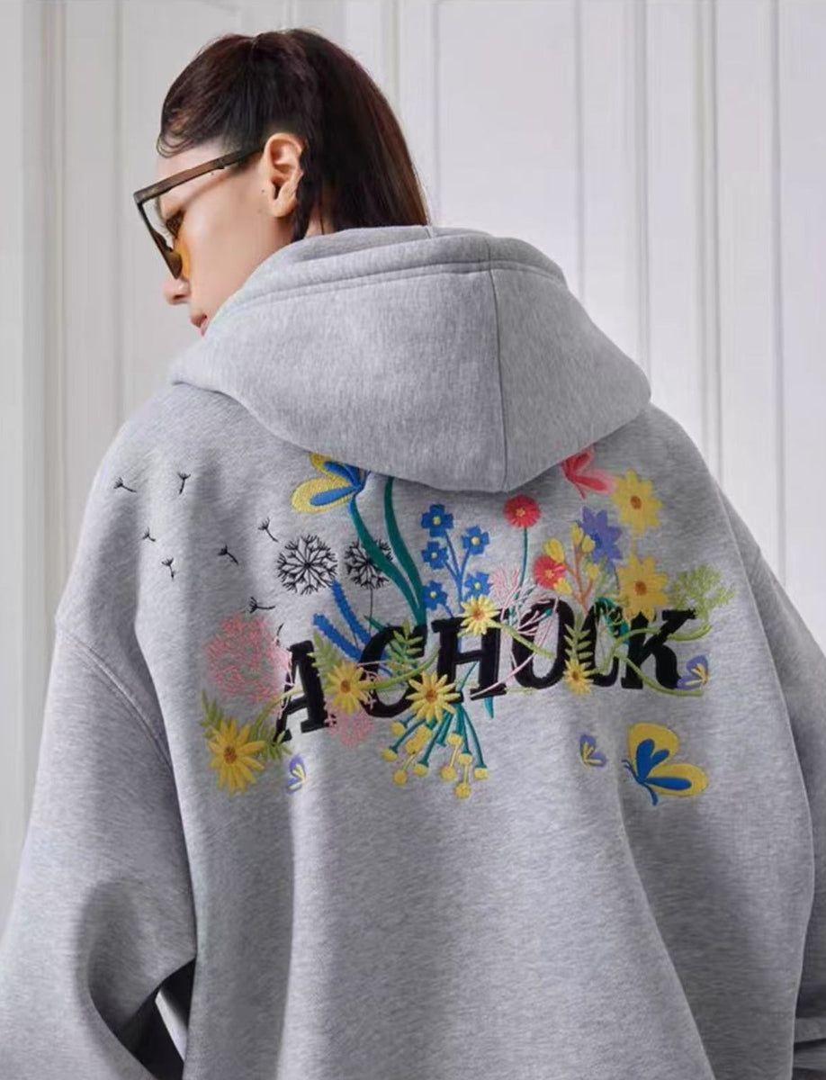 ACHOCK Heavy Floral Embroidered Zipper Sweatshirt