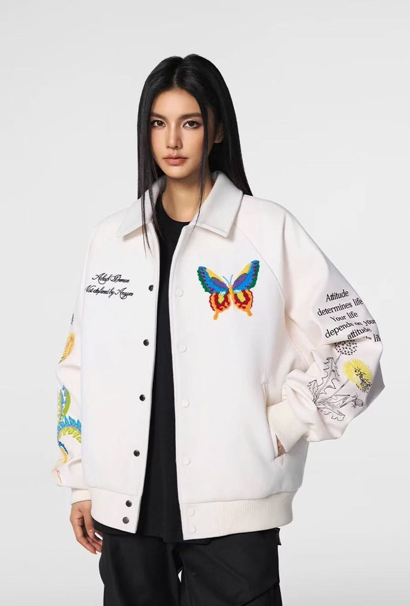 ACHOCK Butterfly Embroidered Stand Collar Baseball Jacket