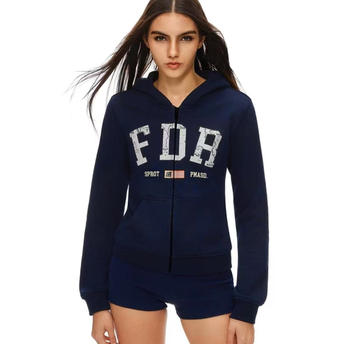 FDR Retro Logo Printed Zipper Hoodie (For Women)