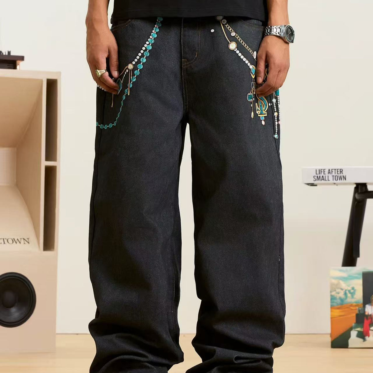 STK Heavy Work 3D Turquoise Pearl Printed Jeans
