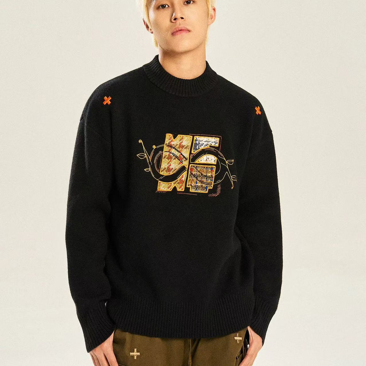 BIPOLAR×NSTNEW Logo Design Black Crew Neck Sweater