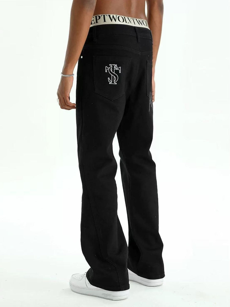 STK Wavy Line Slight Flared Waterwashed Jeans