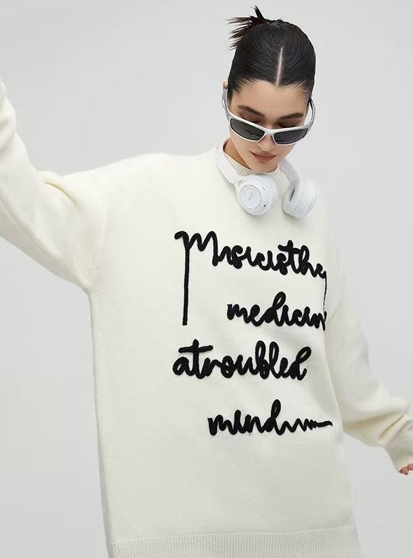 ACHOCK Embroidered Monogram Letter Pullover Sweater