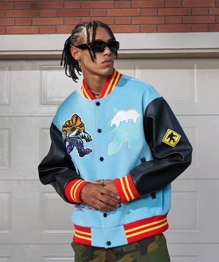 AFGK Snowy Terry Embroidered Contrasting Color Baseball Jacket