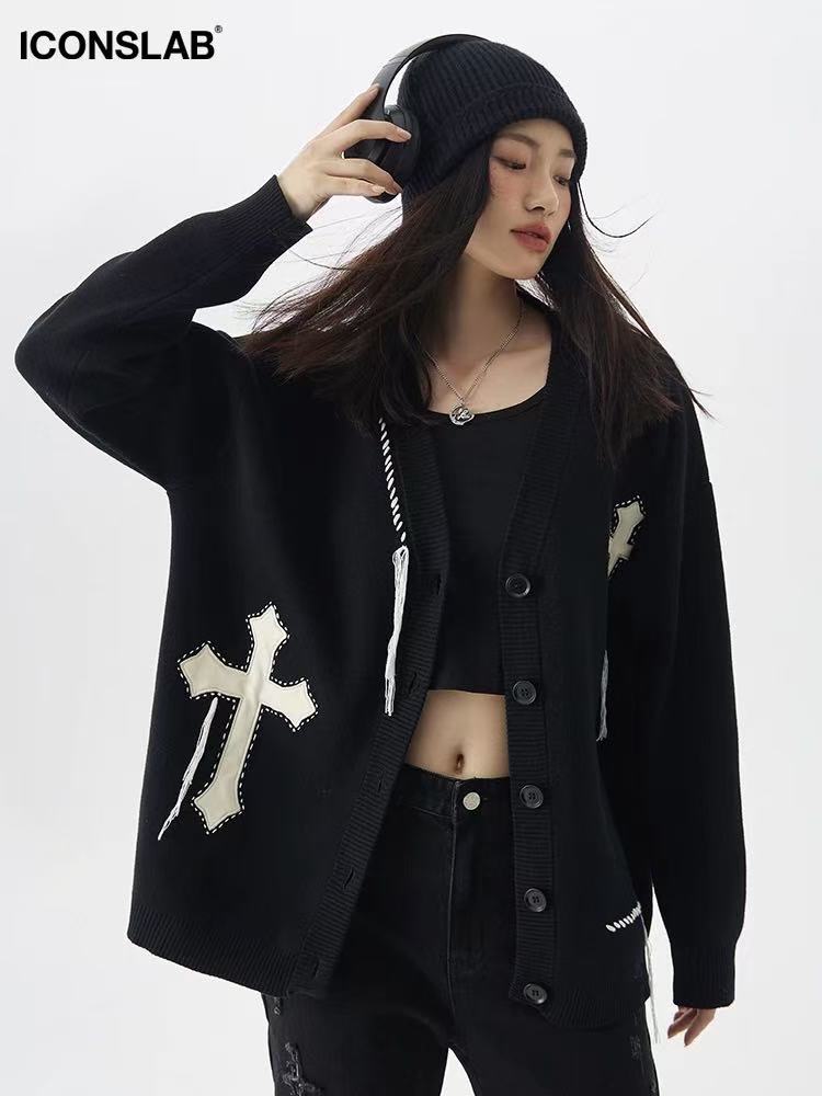 ICONSLAB V-neck Knitted Cardigan Cross Jacquard Sweater
