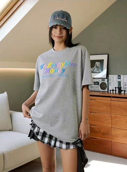 MEDM Macaron Color Letters Towel Embroidered Short Sleeve T-Shirt