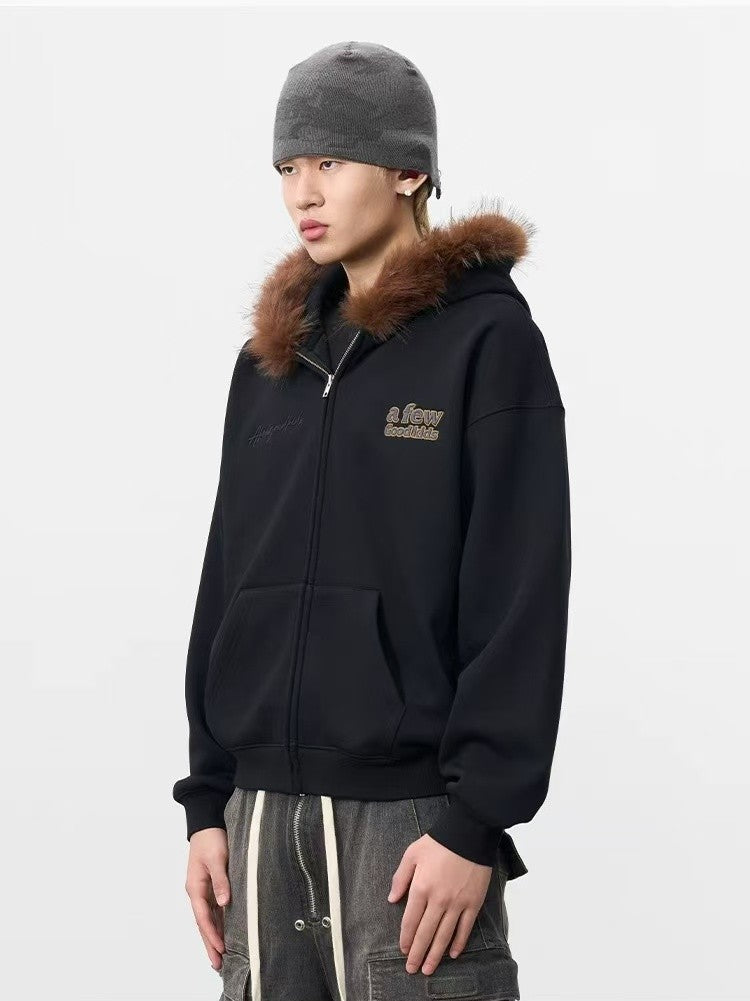 AFGK Retro Fur Collar Embroidered Hooded Cardigan Sweatshirt