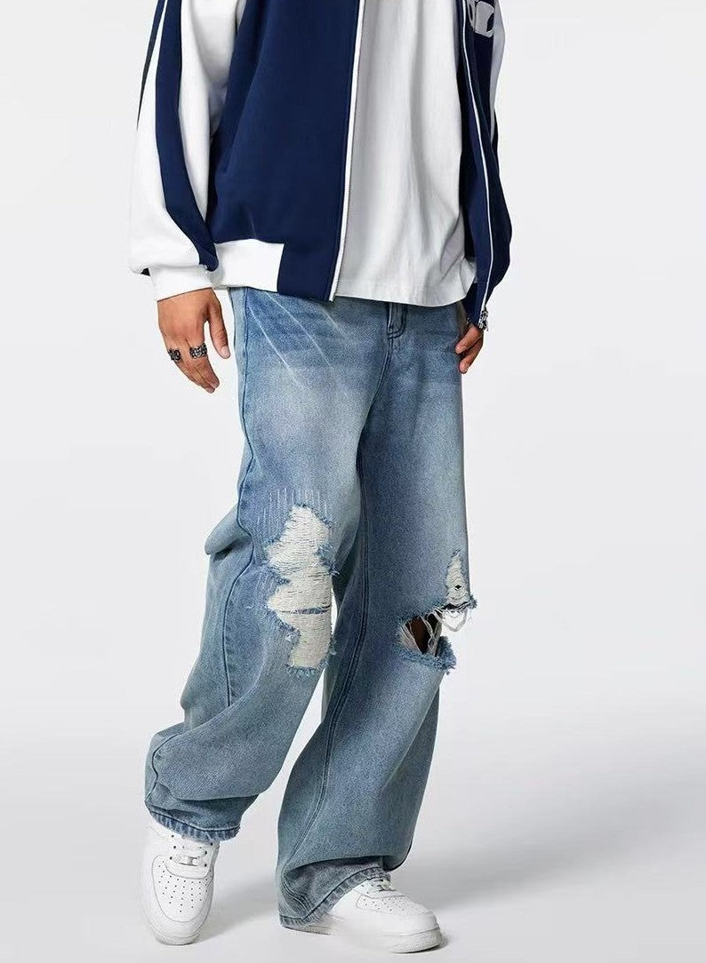 ACHOCK Butterfly Stitching Retro Ripped Jeans
