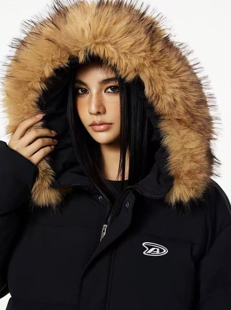 ACHOCK Logo Print Fur Collar Hooded Down Jacket