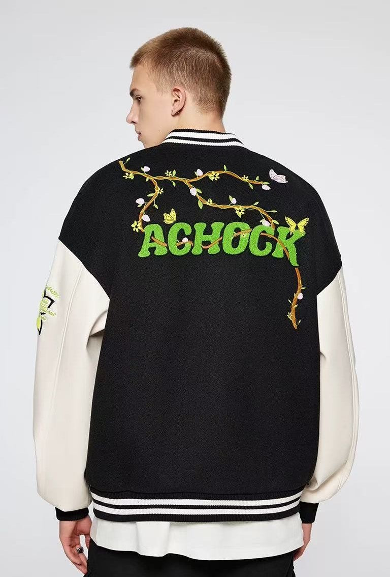 ACHOCK Heavy Hip-hop Flower Vine Embroidery Baseball Jacket