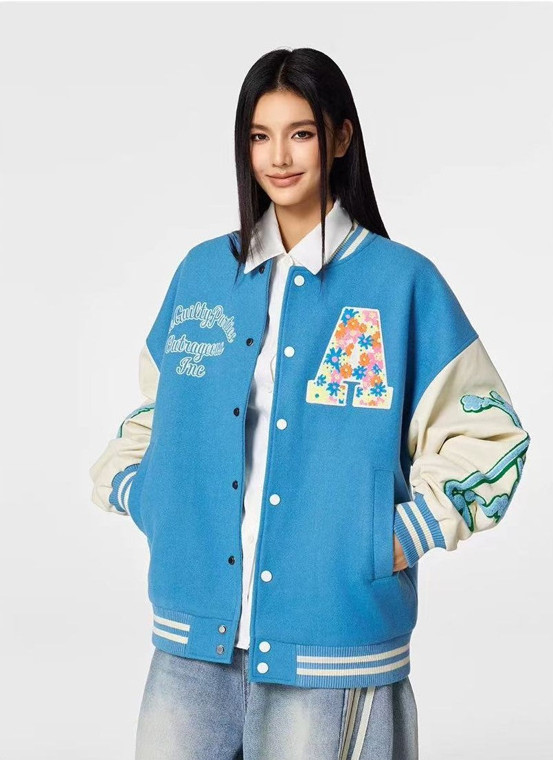 ACHOCK Hollow Floral  Embroidered Baseball Jacket