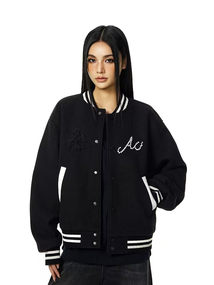ACHOCK Heavy Embroidered Pearl Design Baseball Jacket