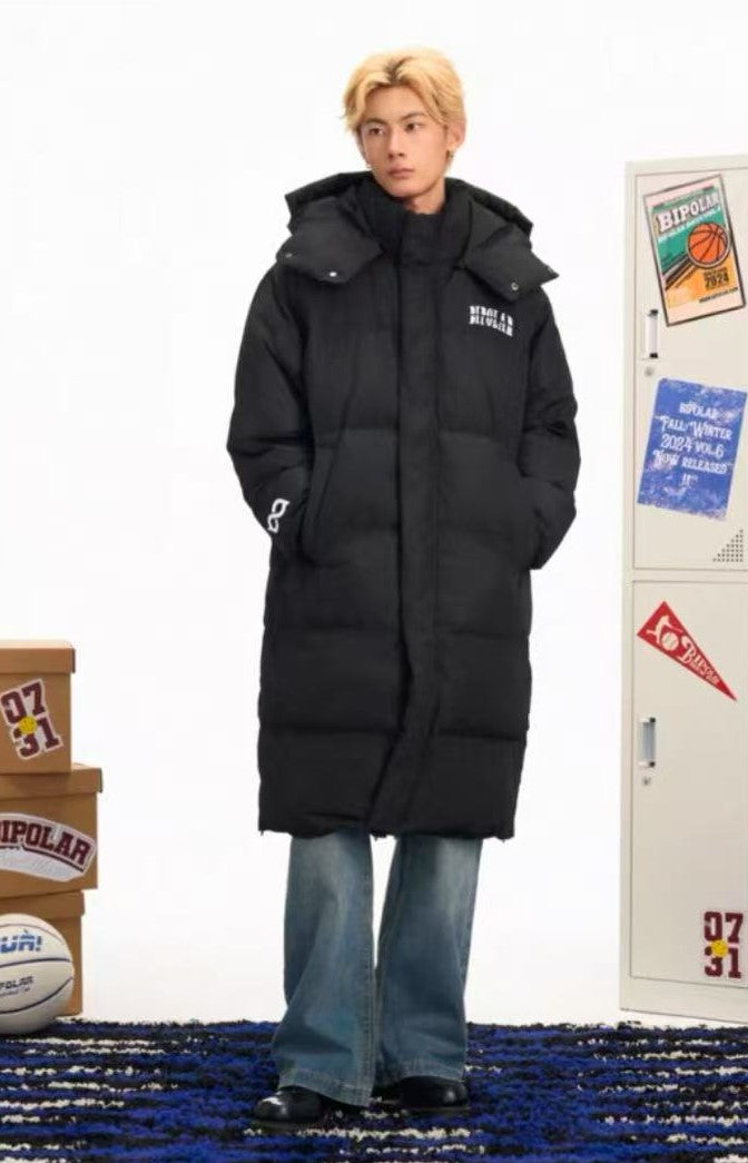 BIPOLAR Flocked Long Knee-length Foldable Duck Down Hooded Jacket