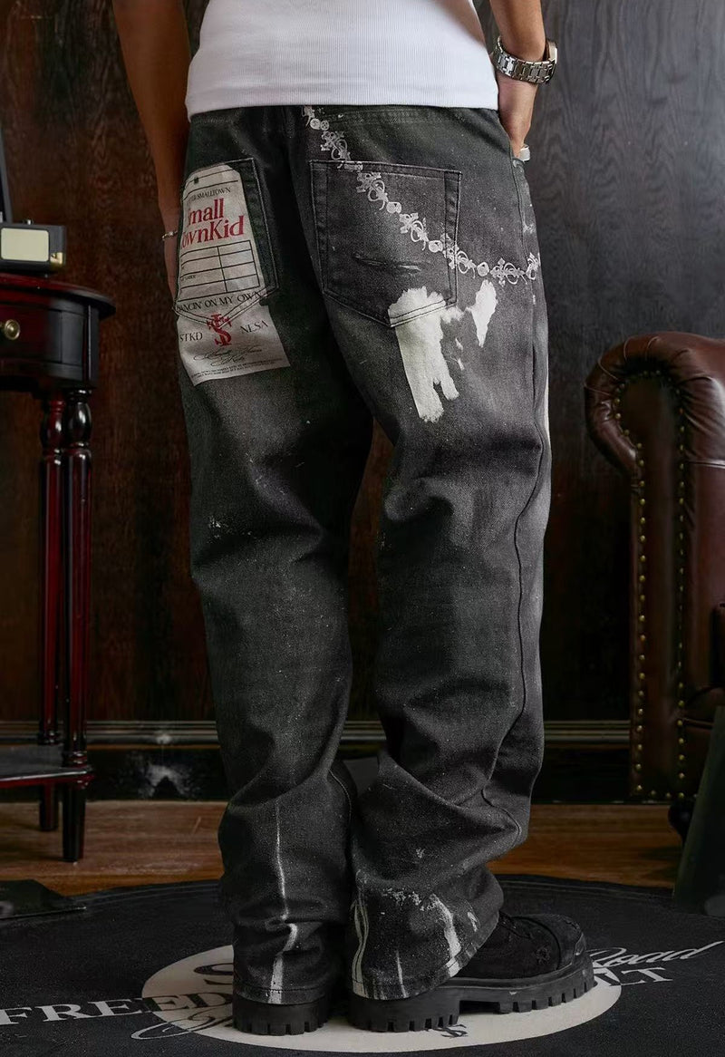 STK Vintage Distressed Wash 3D Badge Print Jeans