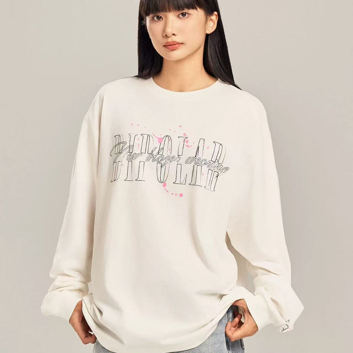 BIPOLAR Ink Print Loose Couple Long-sleeve T-shirt