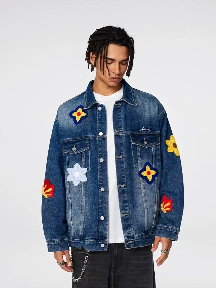 ACHOCK Flower Embroidered Denim Jacket