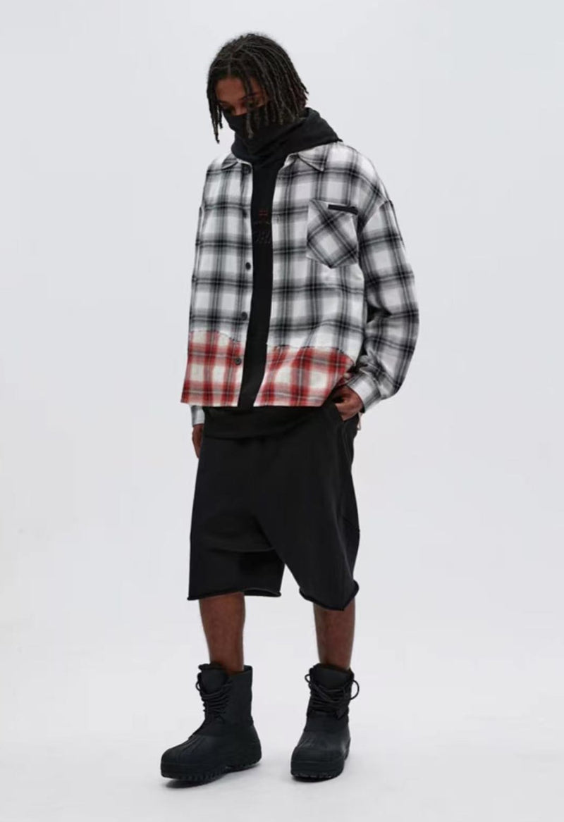 ATRY Plaid Paneled Raw Edge Long-sleeved Shirt