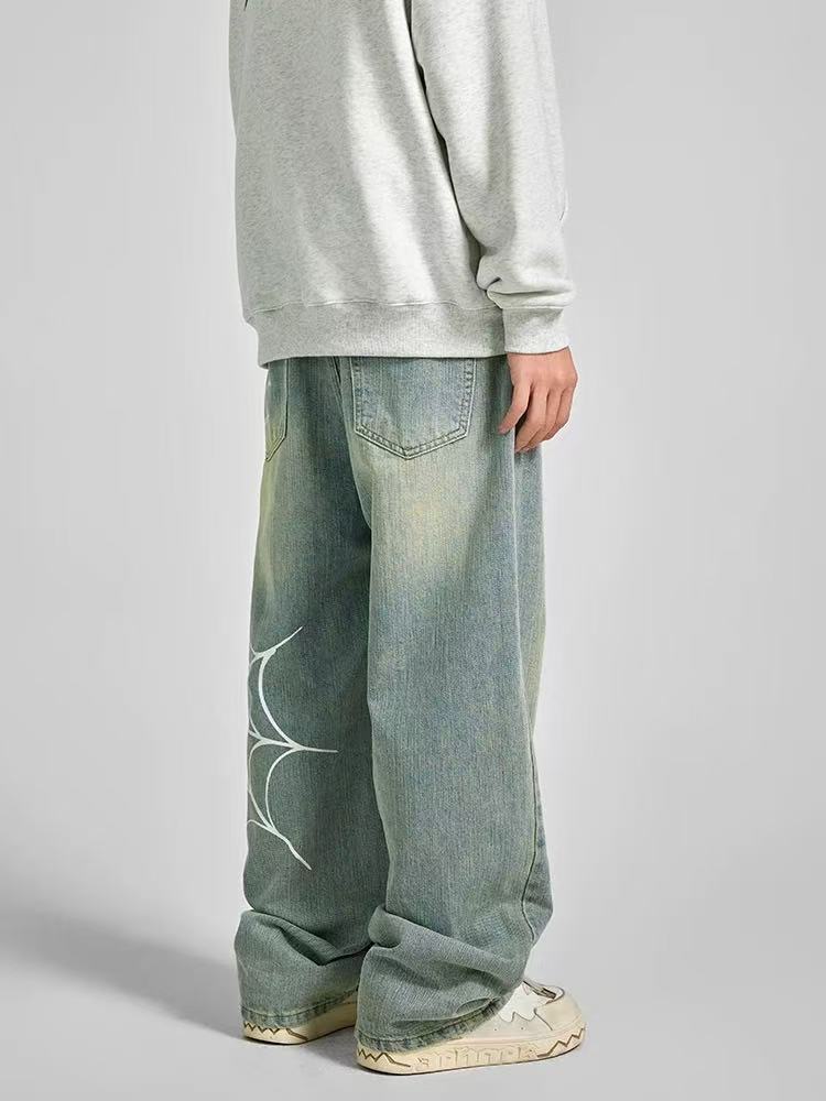 ACHOCK Spiderweb Print Washed Jeans