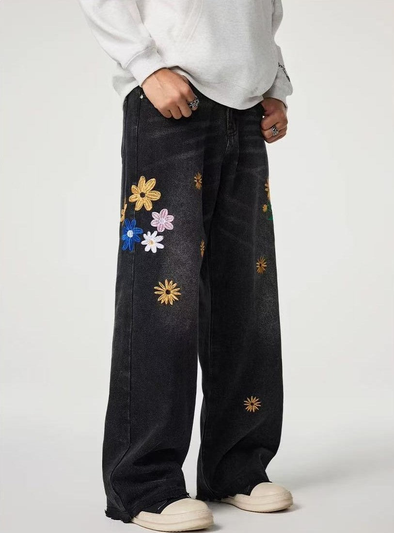 ACHOCK Washed Sun-Flower Embroidered Jeans