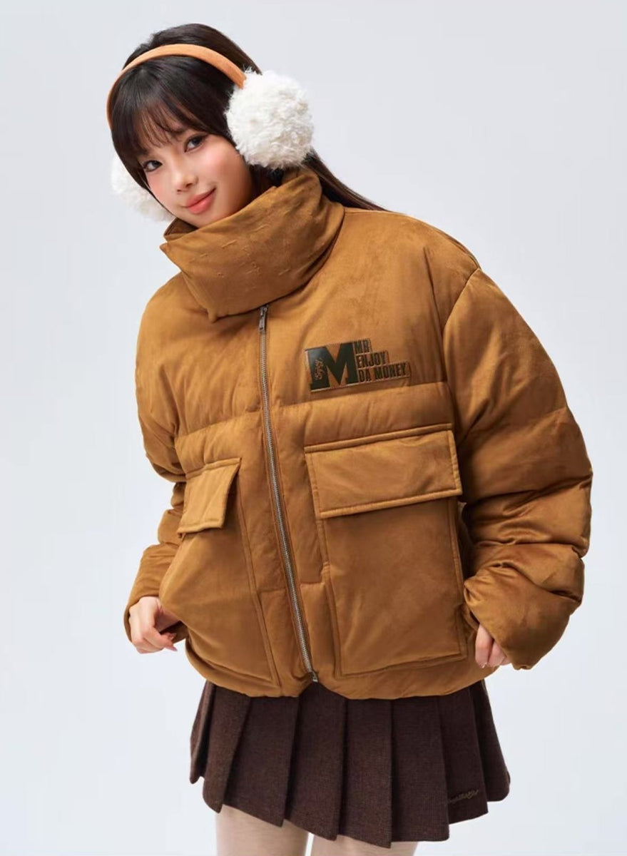 MEDM Logo Embossed Leather Label Scarf Down Jacket