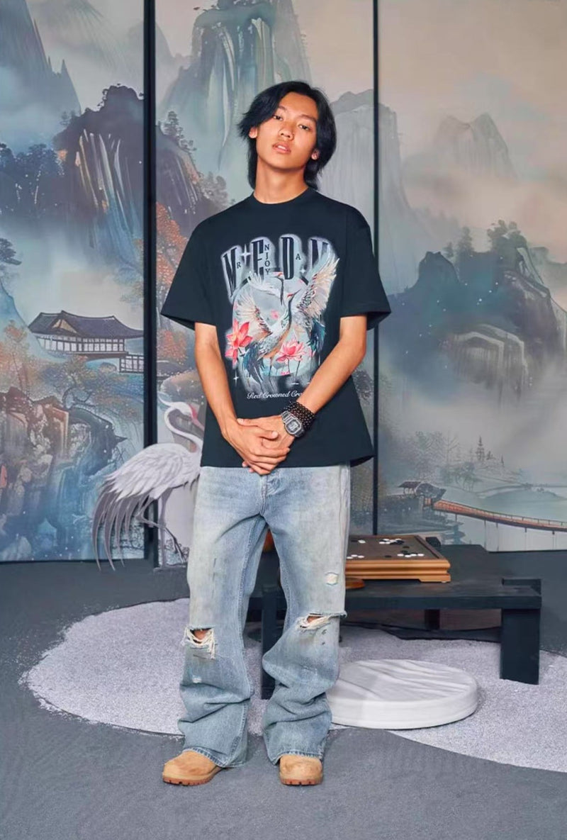 MEDM White Ink Crane Printed Short-sleeve T-shirt
