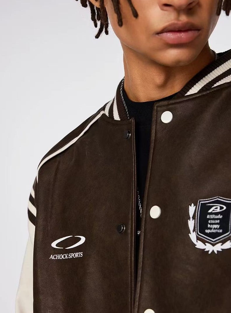 ACHOCK Logo Embroidered Retro Color Block Baseball Leather Jacket