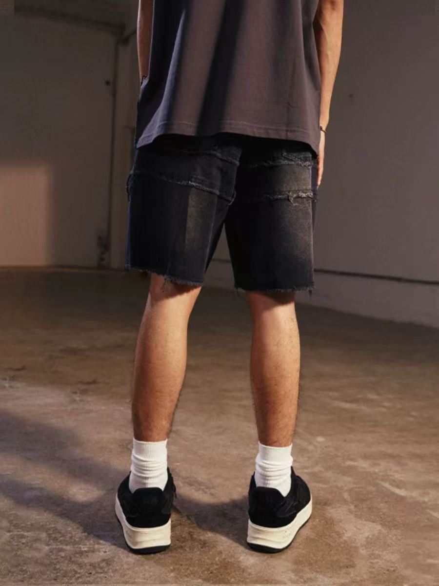 REMEDY Destroyed Fringe Paneled Denim Shorts
