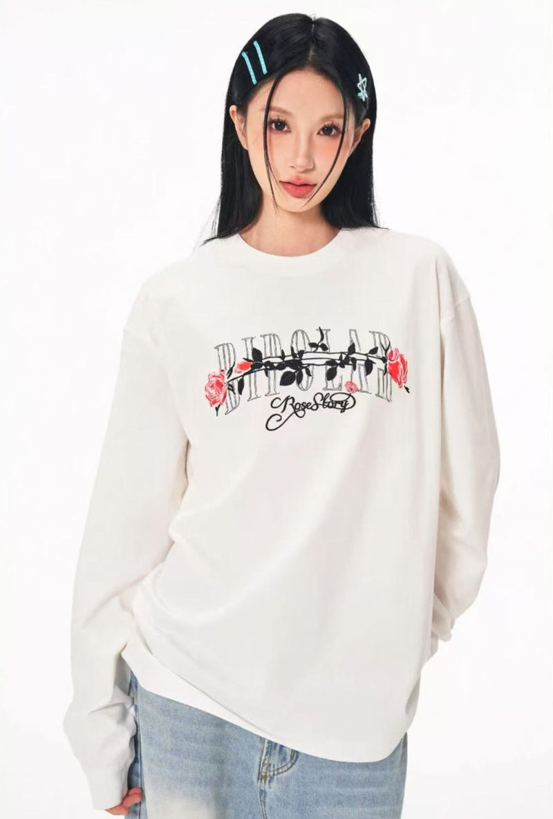 BIPOLAR Neon Rose Embroidered Long-sleeves T-shirts