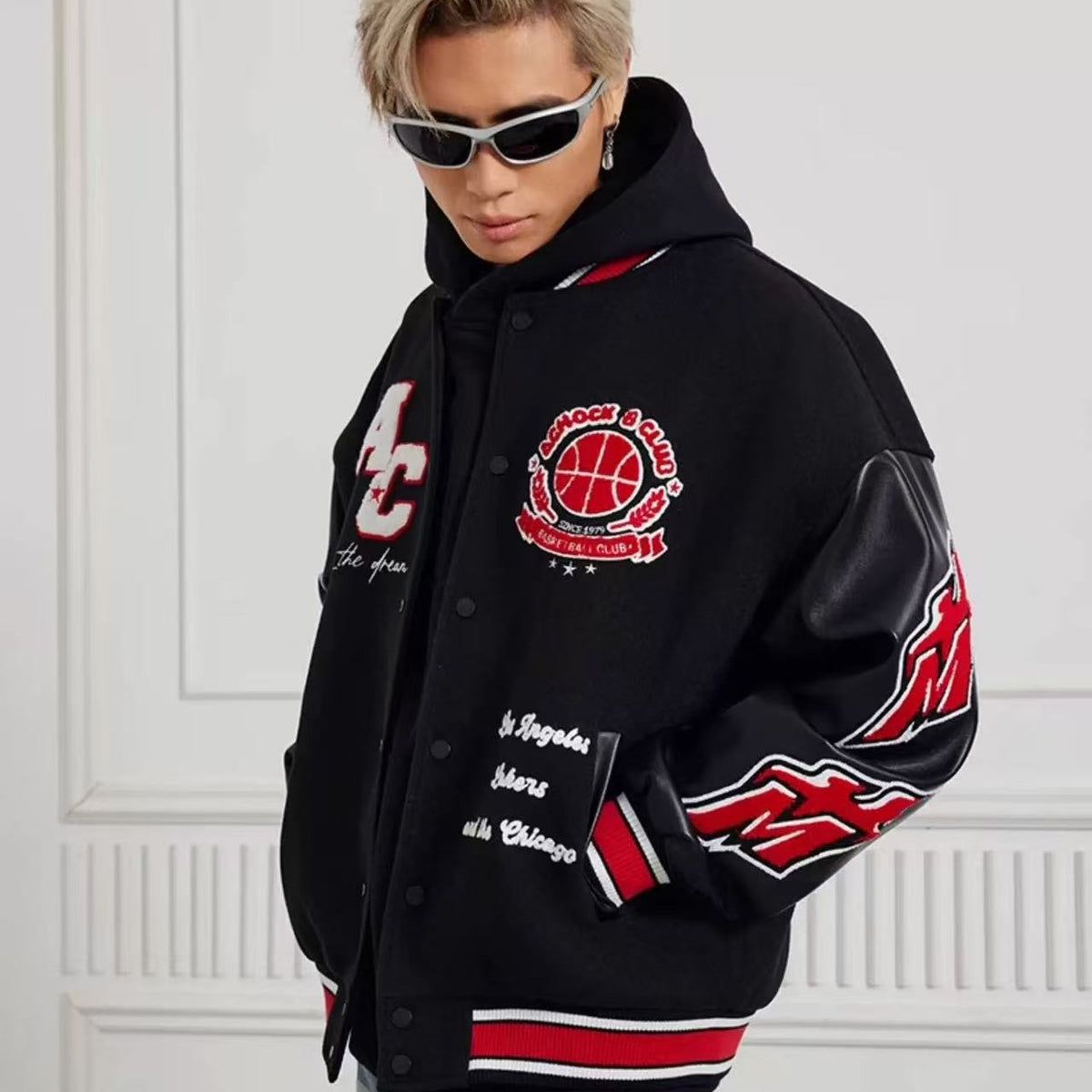 ACHOCK Retro Stitching Flocked Embroidery Varsity Jacket