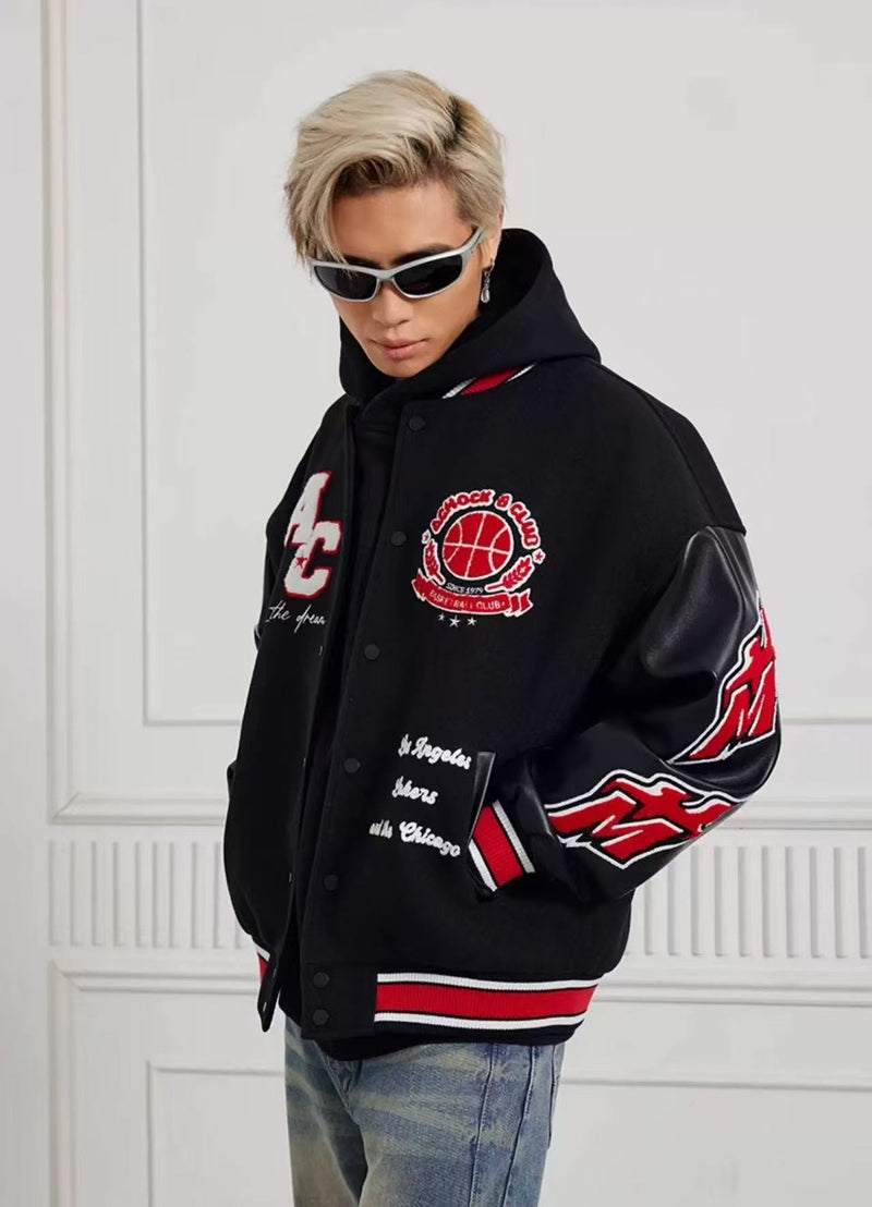 ACHOCK Retro Stitching Flocked Embroidery Varsity Jacket