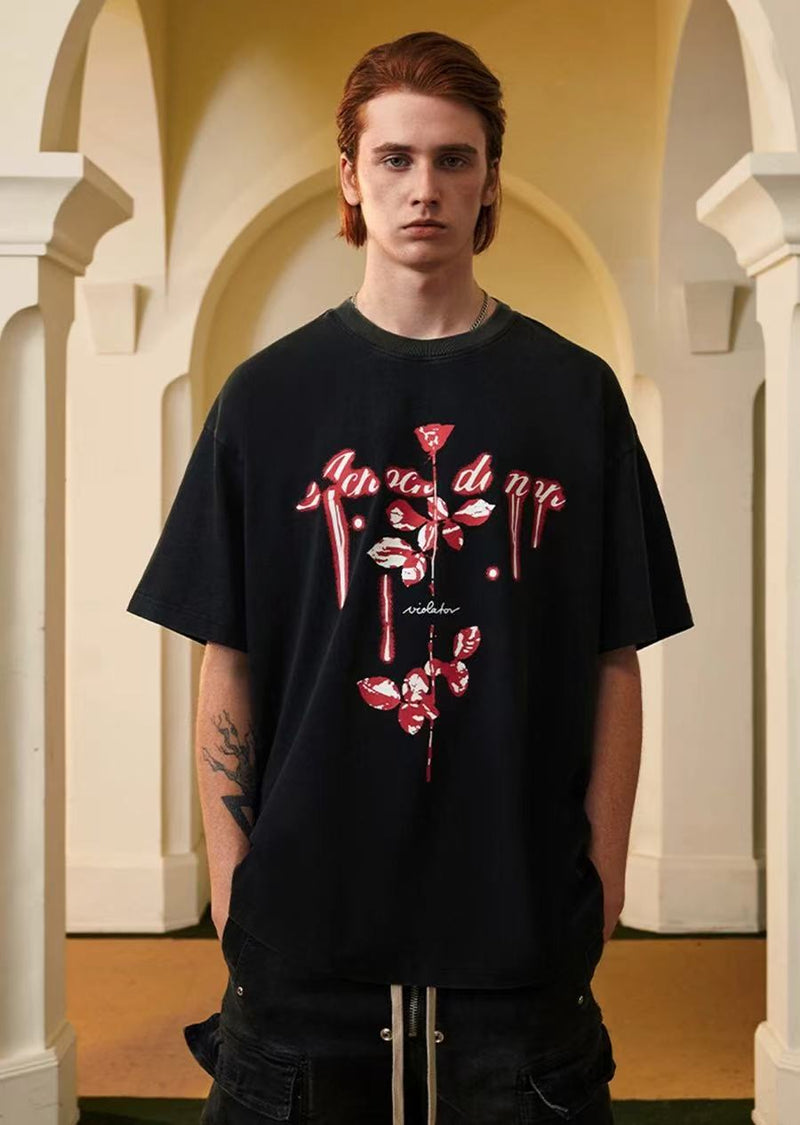 ACHOCK Washed Distressed 3D Luminous Printed T-shirt