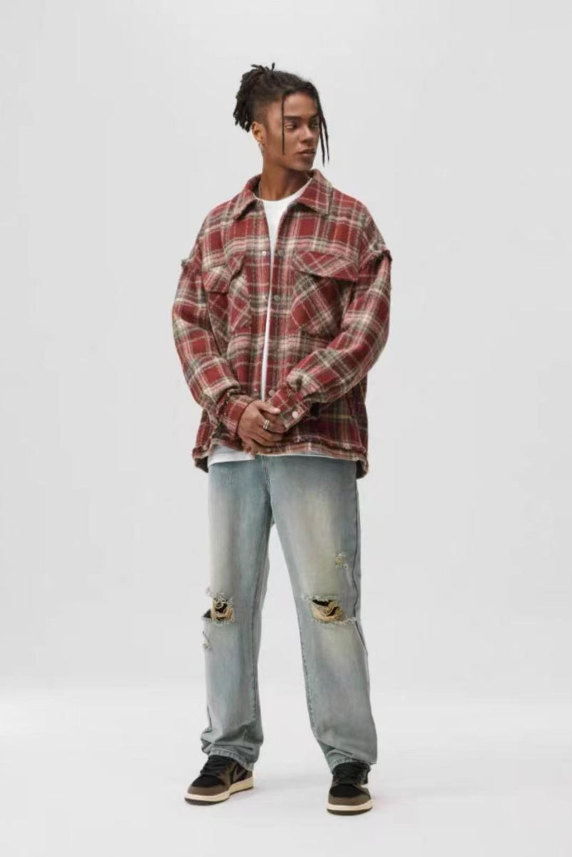 ATRY Washed Distressed Vintage Plaid Raw Edge Jacket