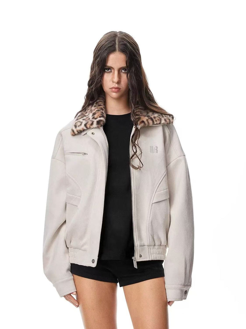 FDR  Suede Leopard Print Contrast Lapel Cardigan Jacket