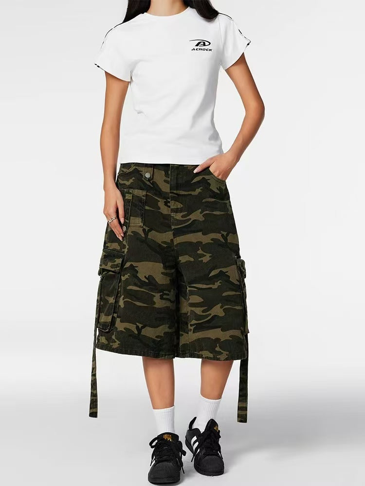 ACHOCK Retro Big Pocket Camouflage Baggy Shorts