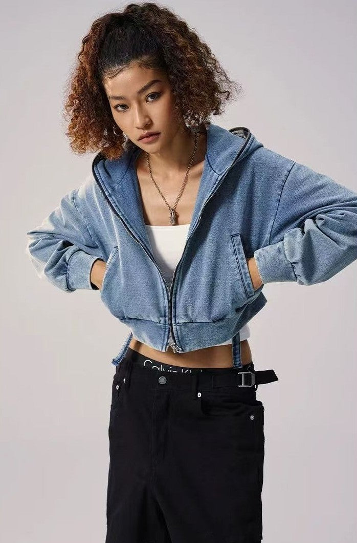 REMEDY Retro Distressed Washed Denim Backpack Hooded Jacket (For Women)