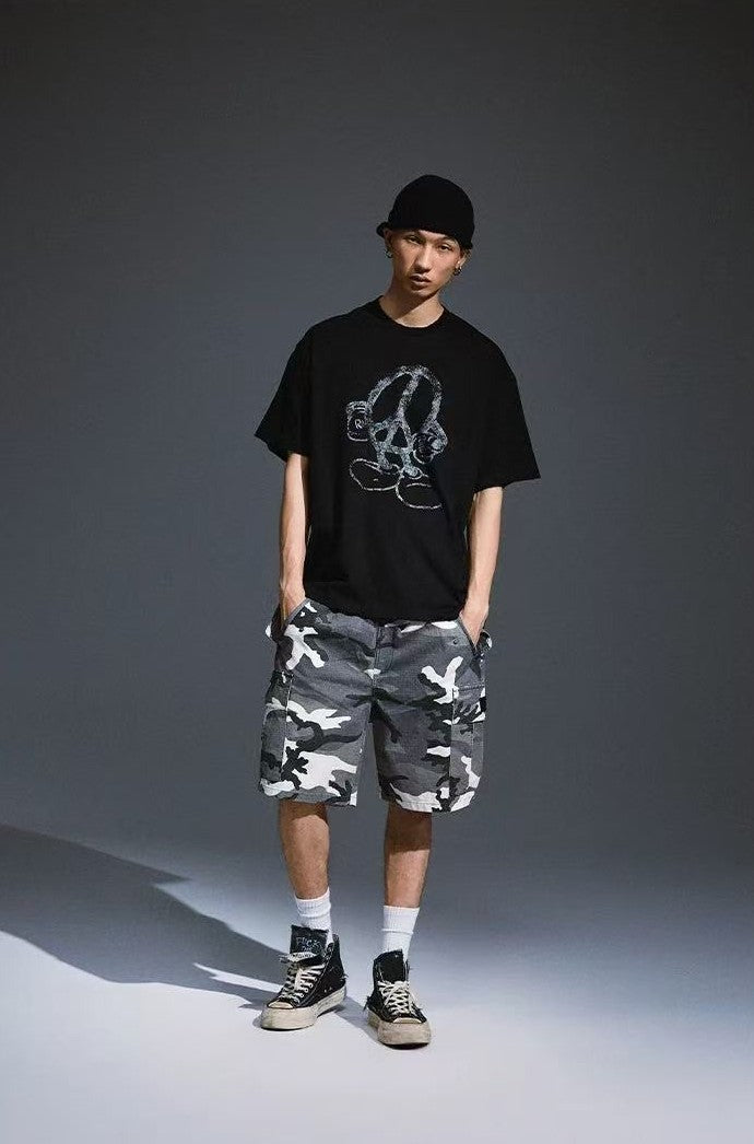 REMEDY Peace Cartoon Print Distressed Short-sleeve T-shirt