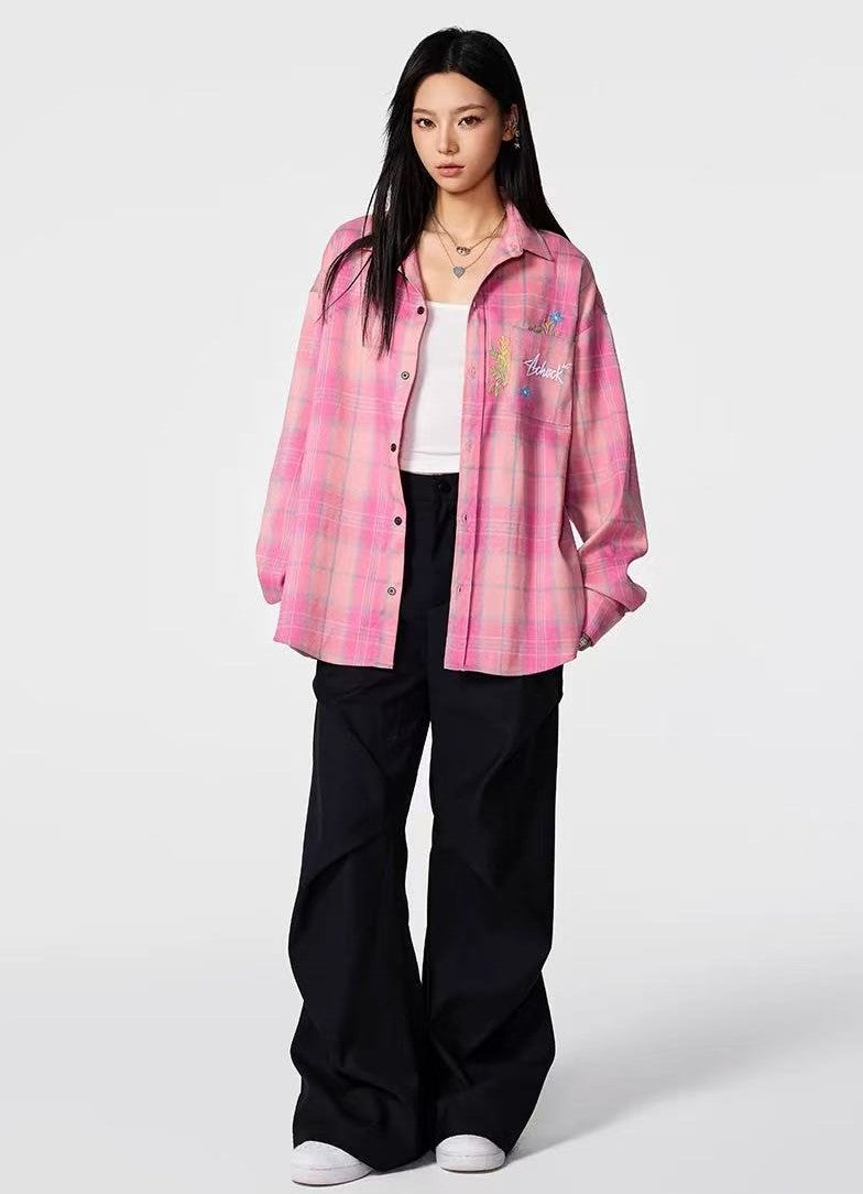 ACHOCK Vintage Floral Embroidered Plaid Long-sleeve Shirt